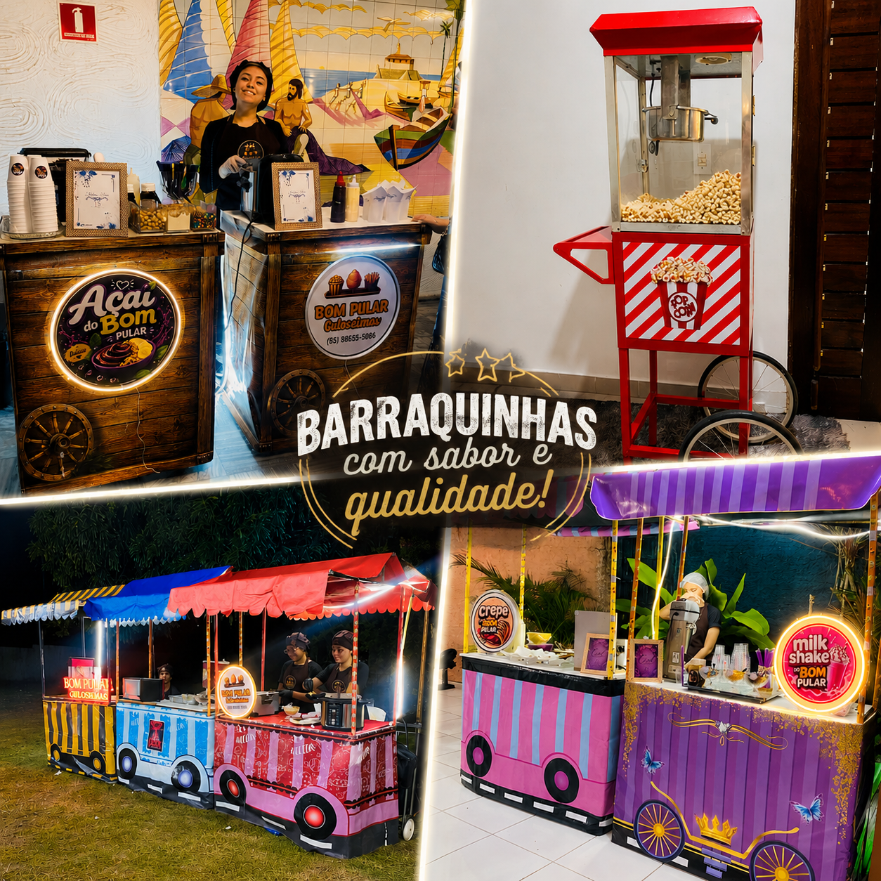 Barraquinhas coloridas com pipoca, algodão-doce e guloseimas